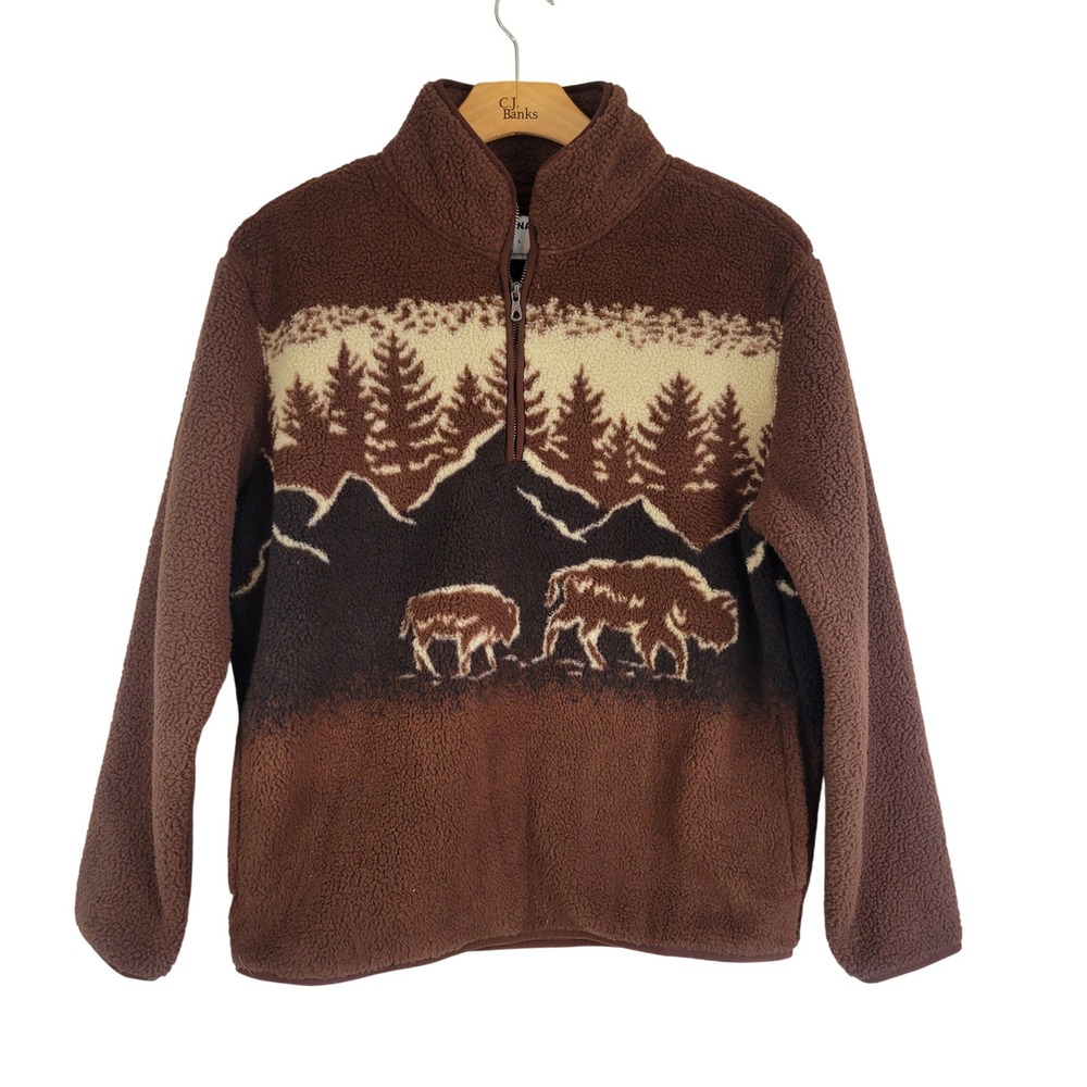 Old Navy Buffalo Printed Sherpa Quarter Zip Pullover Jacket Brown Size Large - Picture 3 of 12